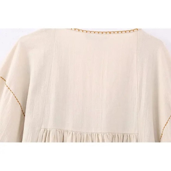 #173 Embroidered Linen Blend Cream and Sage Green Mini Dress - Picture 11 of 12